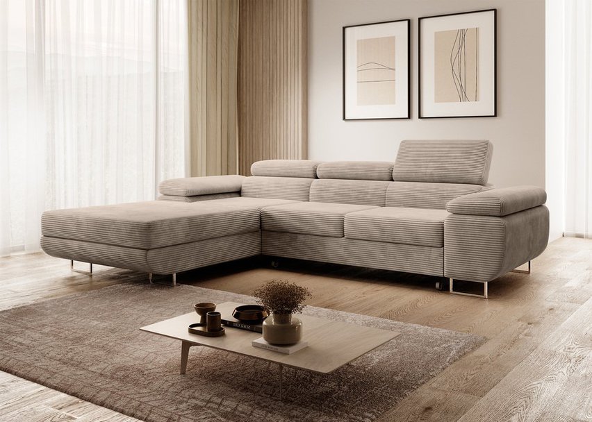 Ganta L-shaped corner sofa with sleeping function with container Poso 02 left-hand corduroy