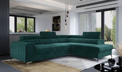 Corner sofa with sleeping function Negreiros L-shaped with container and adjustable headrests green water-repellent velvet right-hand side