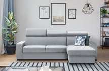 Corner sofa with sleeping function Veidnes L-shaped with adjustable headrests and container universal (Fabric: Paros 05)