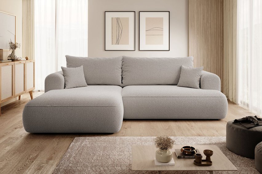 Ovo L-shaped corner sofa with sleeping function with a boucle container