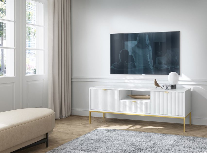 Vellore 154 cm white TV cabinet with grooved fronts and gold frame RTV-154