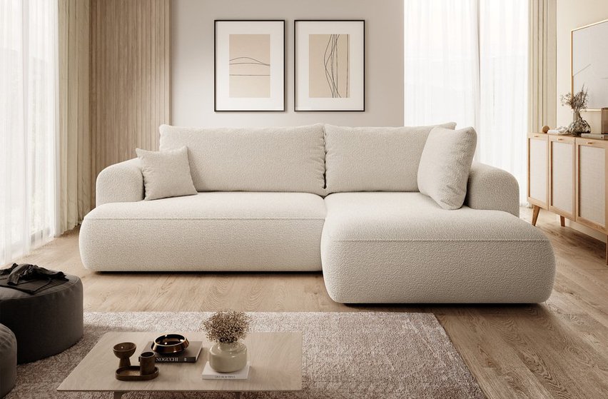 Ovo II L-shaped corner sofa with sleeping function Abriamo 03 with side panel and right-hand boucle container