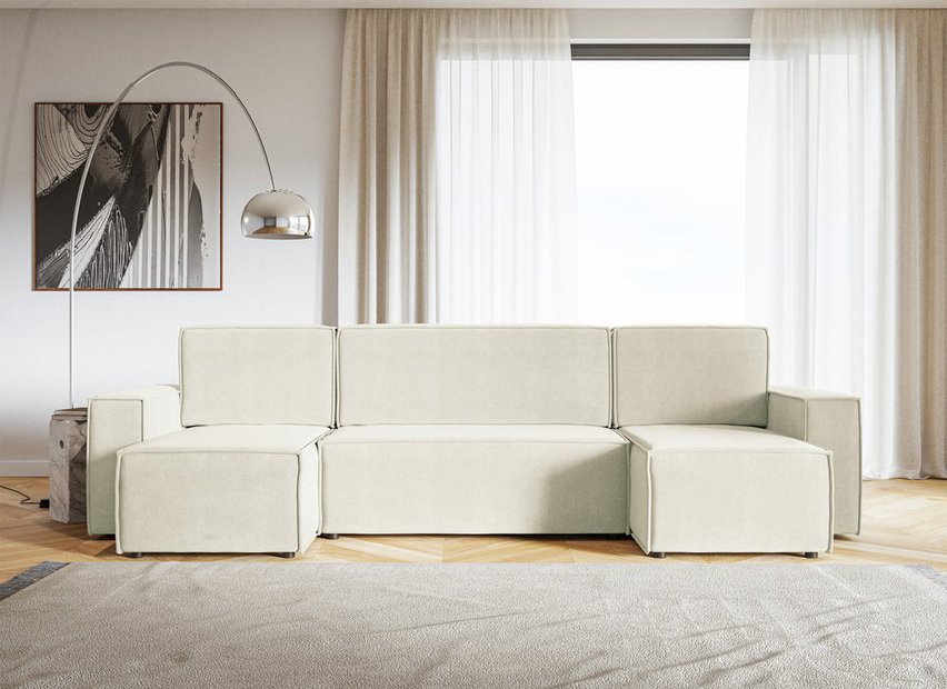 Copertino U-shaped corner sofa with sleeping function with storage, universal cream hydrophobic velvet