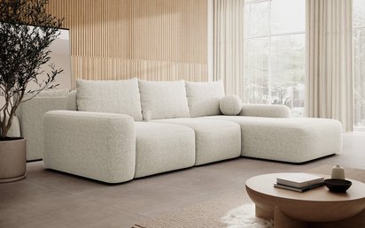 Carnos L-shaped corner sofa with sleeping function, ball, single cushions Melody 14 right-hand chenille