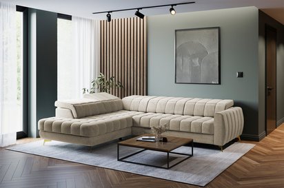 Corner sofa with sleeping function Pessi Castel 15 L-shaped with container and adjustable headrests easy-cleaning velvet left-hand side