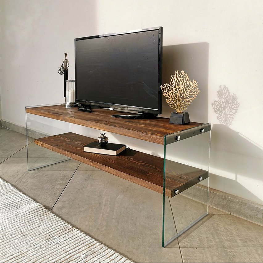 Tevost TV cabinet, glass, with wooden shelves, 120 cm