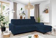 Buriano L-shaped corner sofa with sleeping function with container and adjustable headrest, navy blue hydrophobic velvet, right-hand side