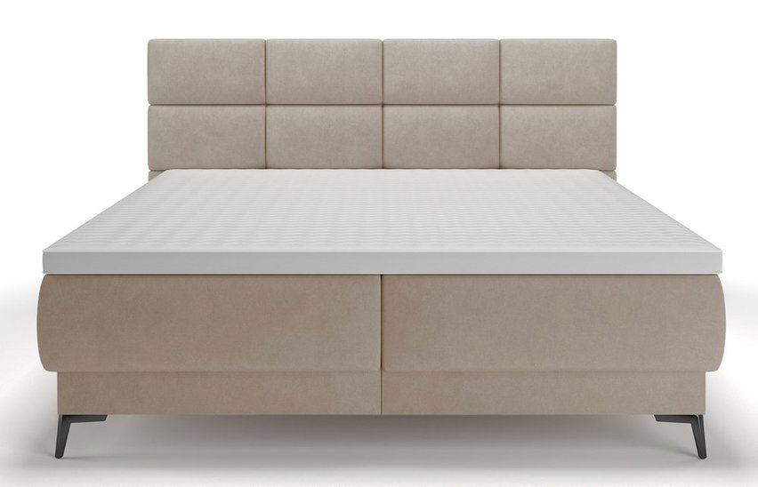 Continental bed 180x200 cm Rektango with container and topper, beige velor