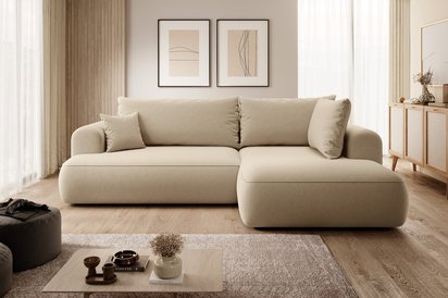 Ovo II L-shaped corner sofa with sleeping function Castel 15 with side and container, easy-to-clean velvet, right-hand