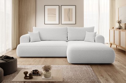 Ovo L-shaped corner sofa with sleeping function with a boucle container