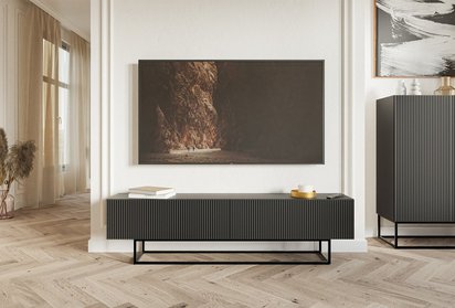 Veldio TV cabinet with milled front 175 cm Black with black legs