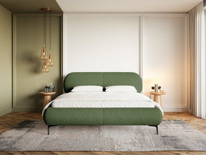 Upholstered bed 160x200 cm Ovalle with storage, metal frame, olive green, hydrophobic braid, black legs