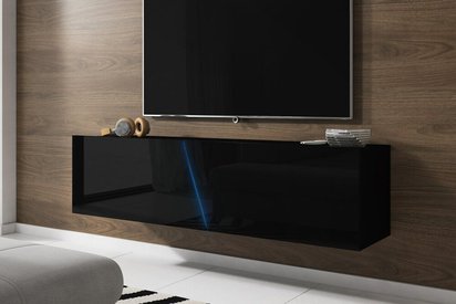 TV cabinet Alamara 160 cm (Color: Matt Black / Glossy Black, Lighting: LED)