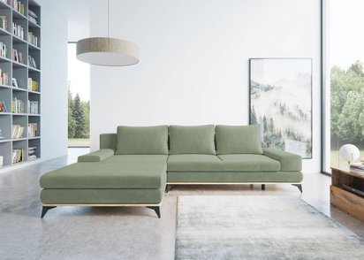 Corner sofa with sleeping function Stoverto with storage, light green, in hydrophobic velvet fabric, right-hand side