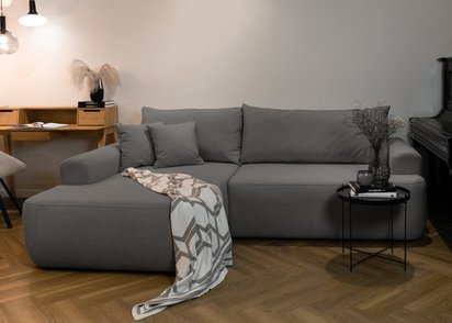 Ovo L-shaped corner sofa with sleeping function with a container in easy-to-clean fabric