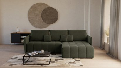 Boquete L-shaped corner sofa with sleeping function with storage, universal, olive, in easy-clean fabric