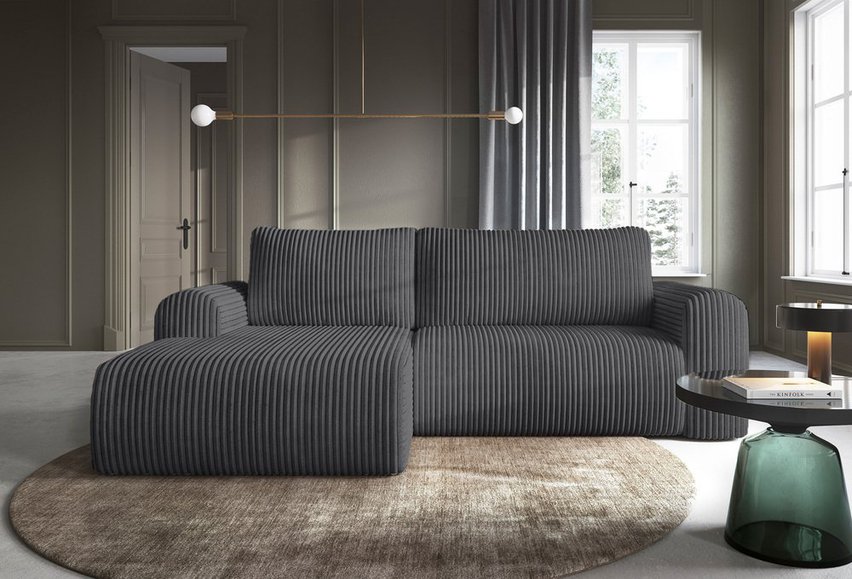 Corner sofa with sleeping function Lelu Tilia 90 L-shaped with a container, thick corduroy, left-hand side