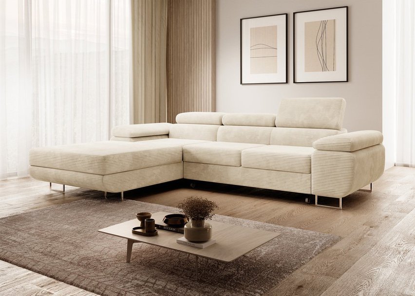 Ganta L-shaped corner sofa with sleeping function with container Poso 105 left-hand corduroy