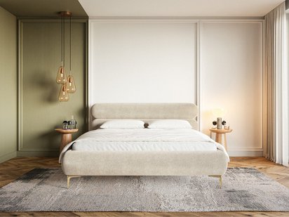 Upholstered bed 160x200 cm Roule with storage, metal frame Amon 17, hydrophobic velor, gold legs