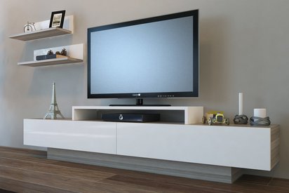 Solenis white TV cabinet with cordoba elements and two wall shelves