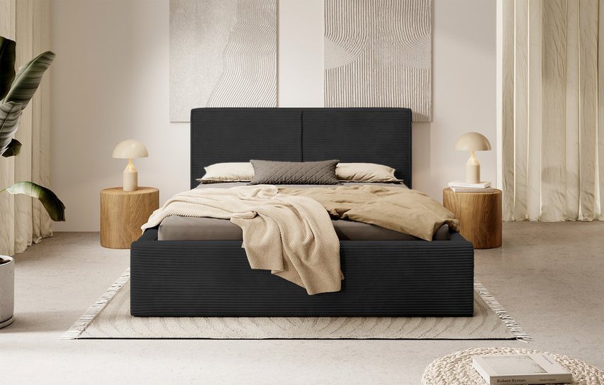 Upholstered bed 140/200 cm Farese black Poso 135 with container and gas strut, corduroy