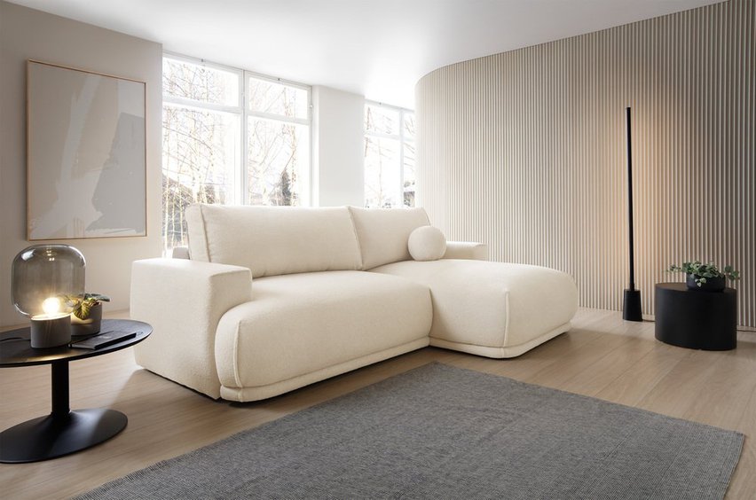 Divo Mini L-shaped corner sofa with sleeping function with a right-handed vanilla boucle container