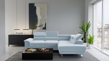 Carenero L-shaped corner sofa with sleeping function with container and adjustable headrests, blue hydrophobic velvet, right-hand side