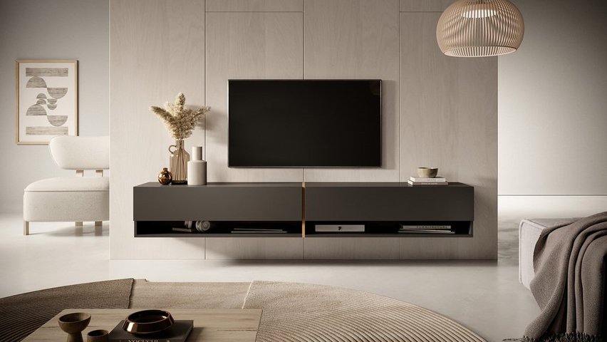 Mirrgo TV cabinet, 200 cm, graphite with artisan oak inserts