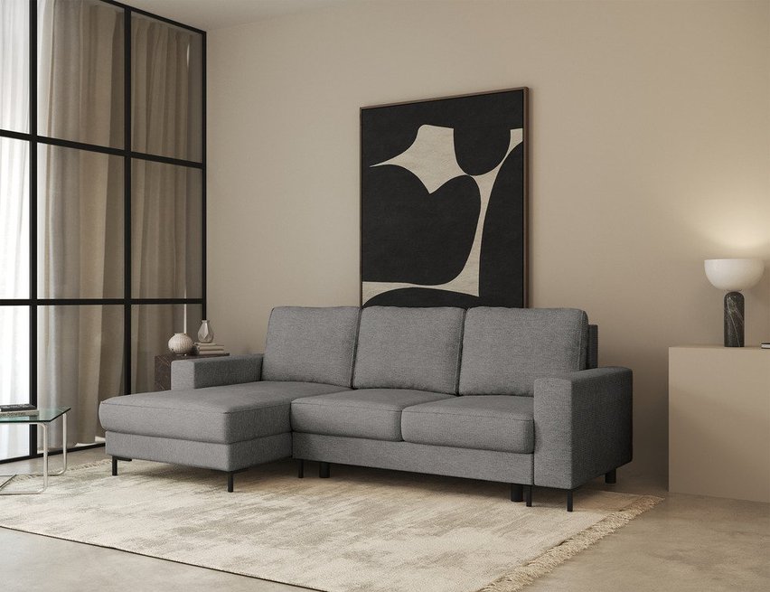 Mokpeo L-shaped corner sofa with sleeping function with two containers on black legs Sorella 84 chenille left-hand side