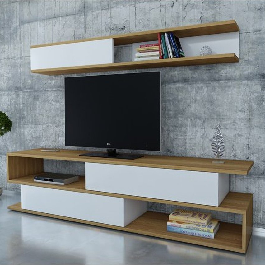 Jeffrey TV cabinet with white fronts and a wall shelf