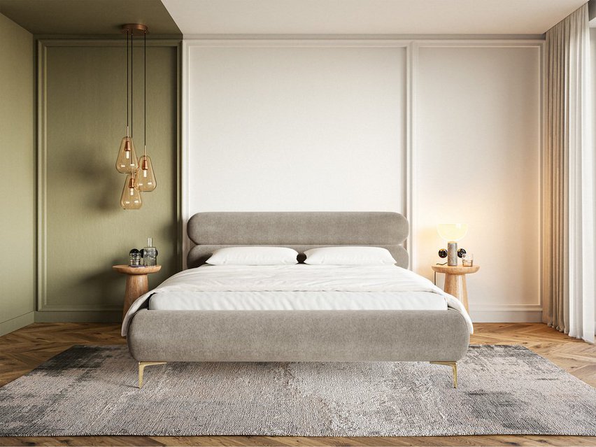 Upholstered bed 140x200 cm Roule Amon 16 hydrophobic velvet gold legs