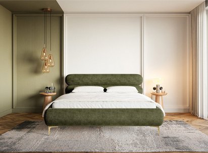 Upholstered bed 140x200 cm Roule with storage, metal frame Perfect Harmony 39 chenille, gold legs