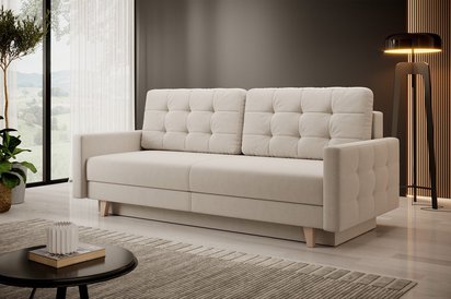 Verat three-seater sofa bed with storage, cream velvet, easy to clean