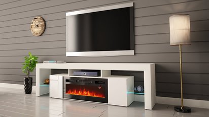 Hezre 200 cm TV cabinet with electric fireplace, white matt / white gloss