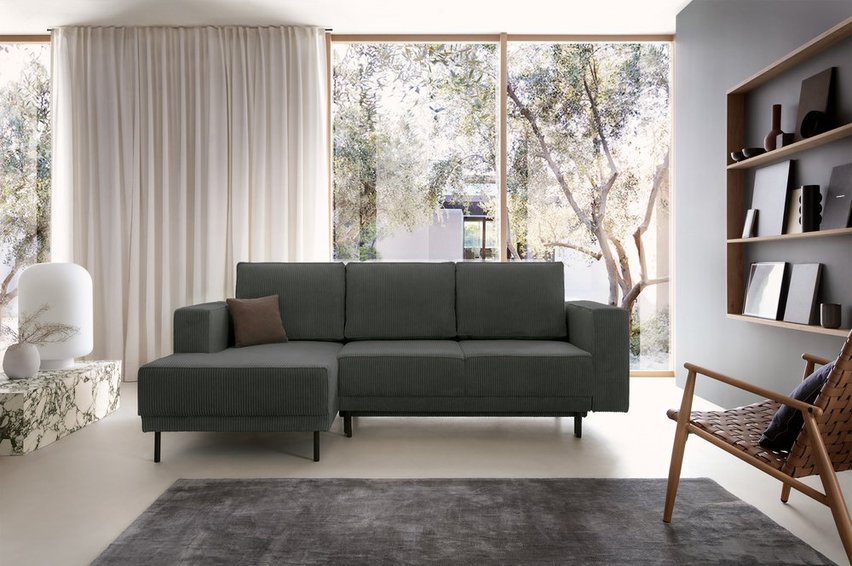 Rodario mini gray corner sofa with sleeping function with left-hand corduroy container