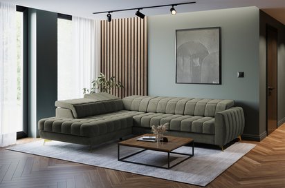 Corner sofa with sleeping function Pessi Castel 39 L-shaped with container and adjustable headrests easy-cleaning velvet left-hand side