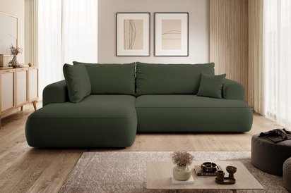 Ovo II L-shaped corner sofa with sleeping function Castel 39 with side and container, easy-to-clean velvet, left-hand