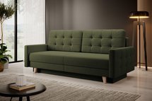 Verat three-seater sofa bed with storage, olive velvet, easy to clean