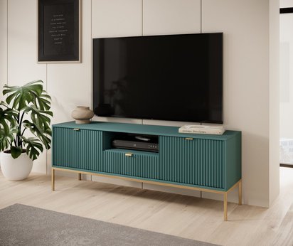 Vellore 154 cm green TV cabinet with grooved fronts, gold handles and NOVA RTV-154 frame