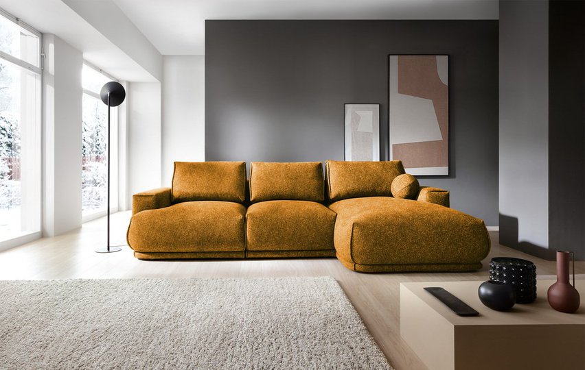 Divo L-shaped corner sofa with sleeping function with a container, mustard, hydrophobic braid, right-hand