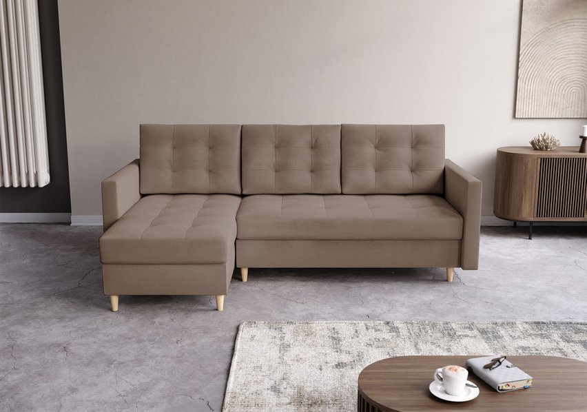 Corner sofa with sleeping function Plauton L-shaped with container universal Paros 03 velour