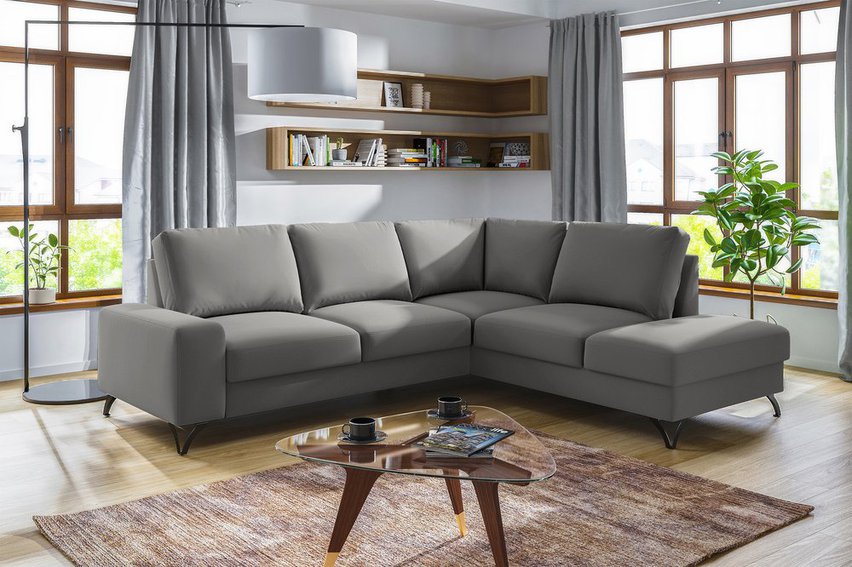 Corner sofa with sleeping function Bewello L-shaped with side and container Matt Velvet 85 easy-cleaning velour hydrophobic right-hand side