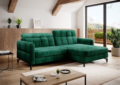 Clainlo L-shaped corner sofa with sleeping function with storage and adjustable headrest, green hydrophobic velvet, right-hand side