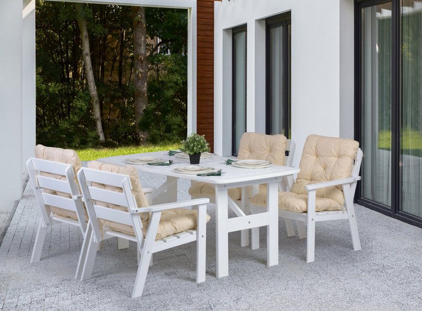 Avoints garden furniture set pine wood table with 4 chairs white with beige cushions