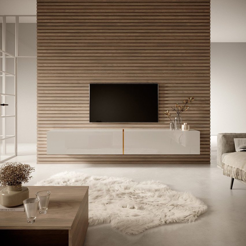 Bisira TV cabinet 200 cm Gray beige with gold insert