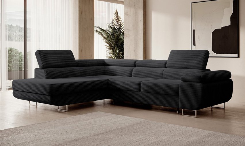 Stevil L-shaped corner sofa with sleeping function with Poso 135 container, left-hand corduroy