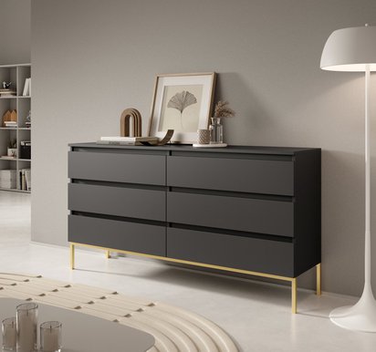 Bemmi black six-drawer chest of drawers with gold legs