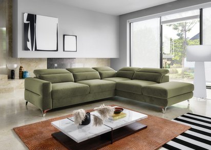Pomello L-shaped corner sofa with sleeping function with storage and adjustable headrests, olive velvet, easy to clean, right-hand side
