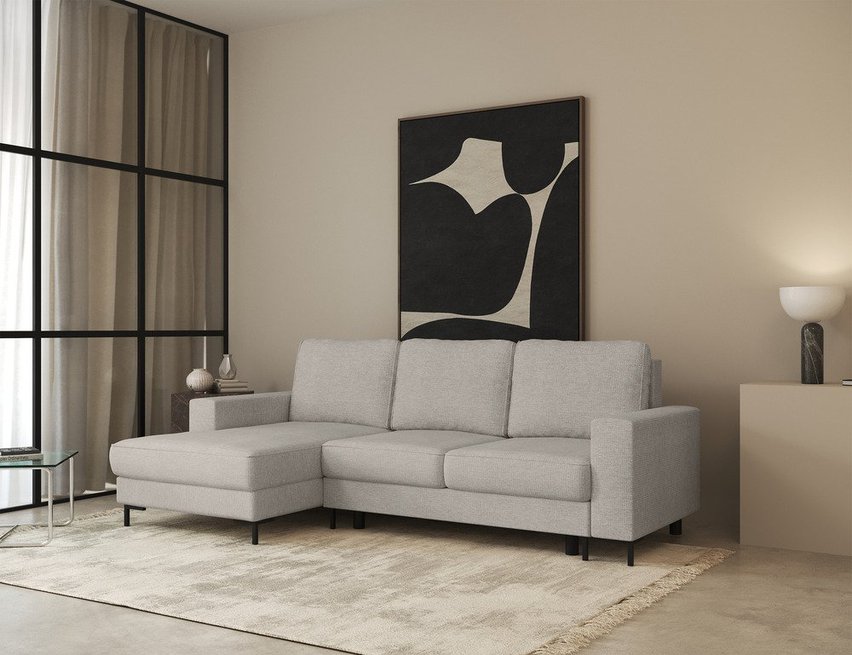 Mokpeo L-shaped corner sofa with sleeping function with two containers on black legs Sorella 05 chenille left-hand side