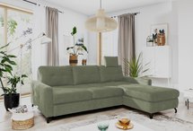 Buriano L-shaped corner sofa with sleeping function with container and adjustable headrest, olive velvet, hydrophobic, right-hand side